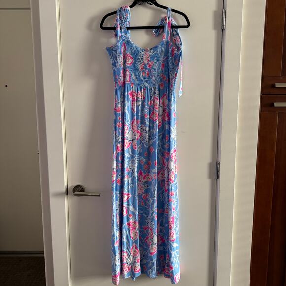 New Lilly Pulitzer Kailua Smocked Maxi Dress Blue Floral Smocked Tie Strap Sz XL - Picture 11 of 11